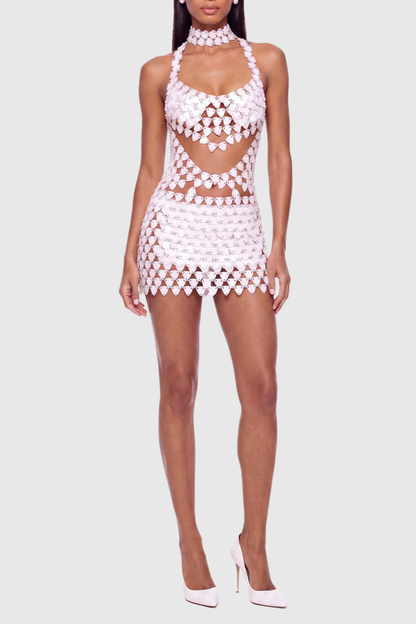 Lotusa Halter Cutout Acrylic Mini Dress