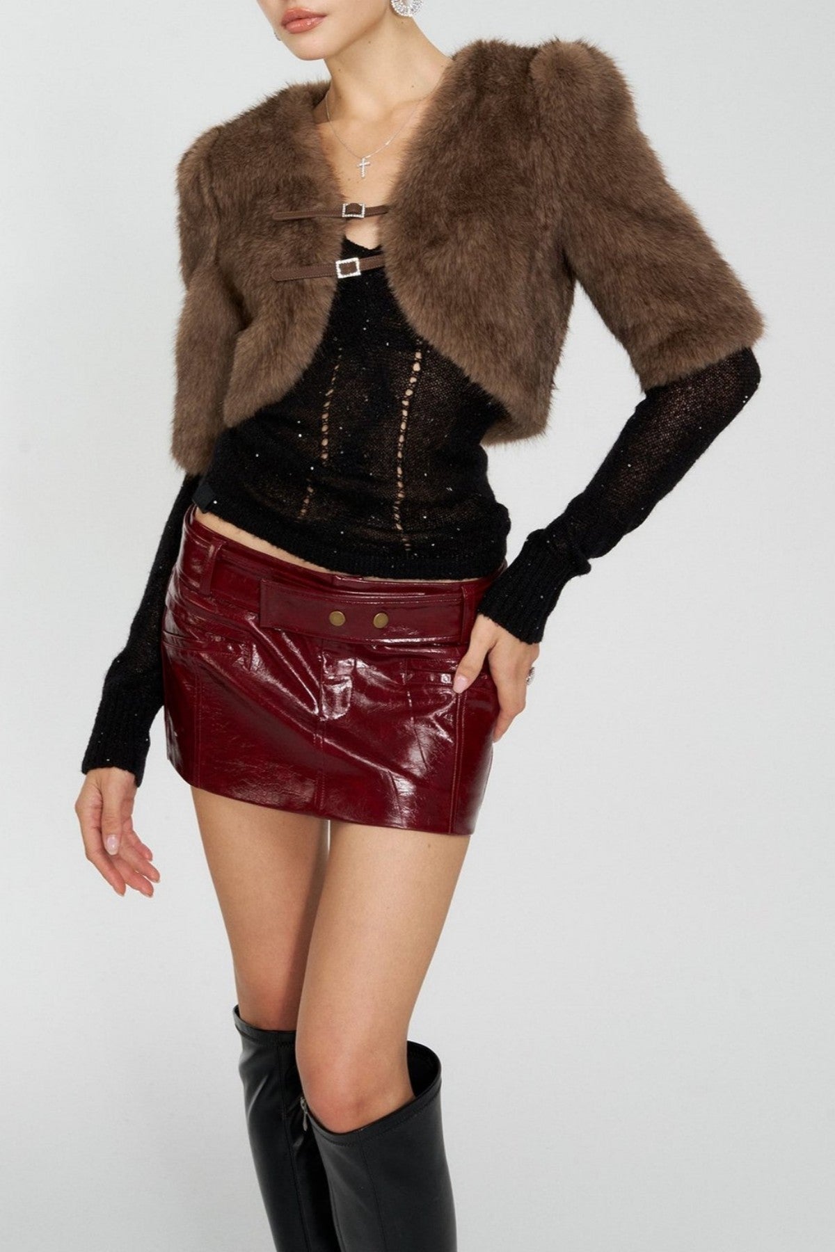 Louia Faux Fur Cropped Jacket - Brown