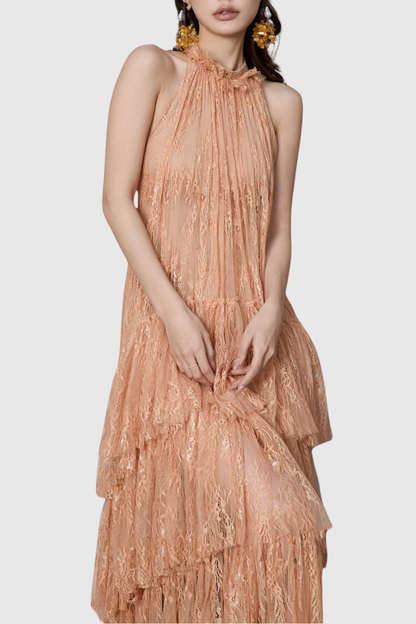 Loursa Lace Sleeveless Ruched Maxi Dress - Apricot