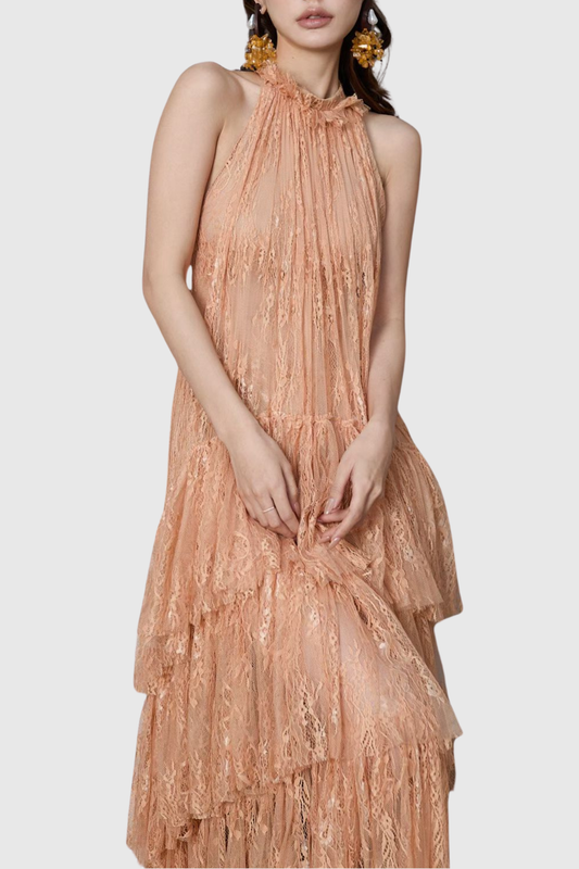 Loursa Lace Sleeveless Ruched Maxi Dress - Apricot