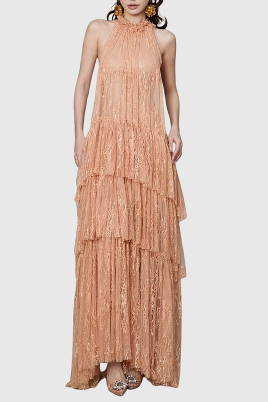 Loursa Lace Sleeveless Ruched Maxi Dress - Apricot