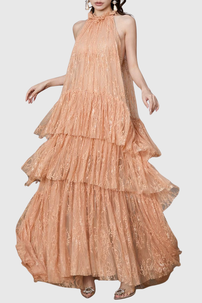 Loursa Lace Sleeveless Ruched Maxi Dress - Apricot