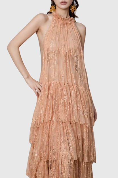 Loursa Lace Sleeveless Ruched Maxi Dress - Apricot