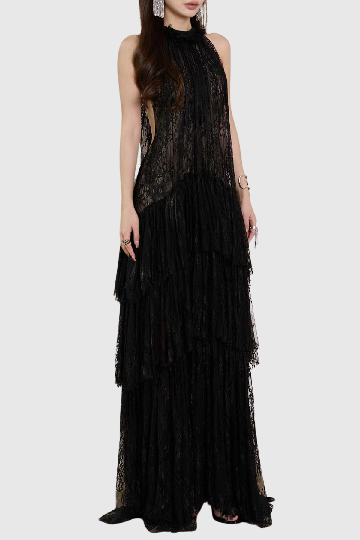 Loursa Lace Sleeveless Ruched Maxi Dress - Black