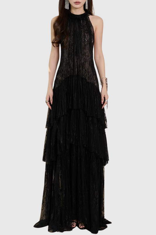 Loursa Lace Sleeveless Ruched Maxi Dress - Black