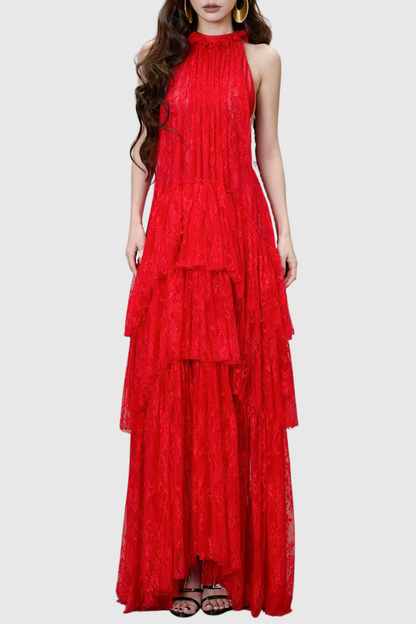 Loursa Lace Sleeveless Ruched Maxi Dress - Red