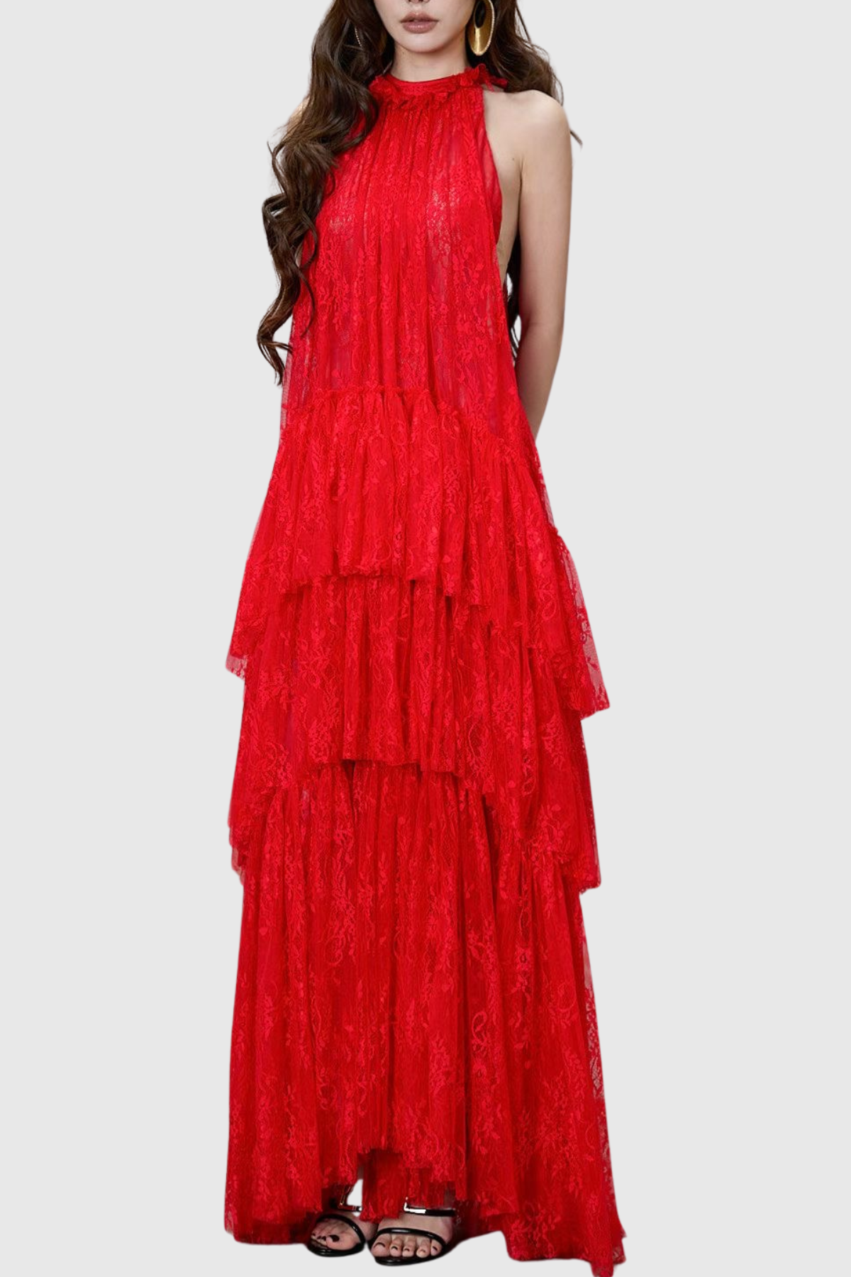 Loursa Lace Sleeveless Ruched Maxi Dress - Red