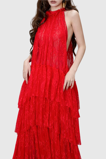 Loursa Lace Sleeveless Ruched Maxi Dress - Red