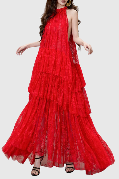 Loursa Lace Sleeveless Ruched Maxi Dress - Red