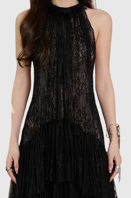 Loursa Lace Sleeveless Ruched Maxi Dress - Black