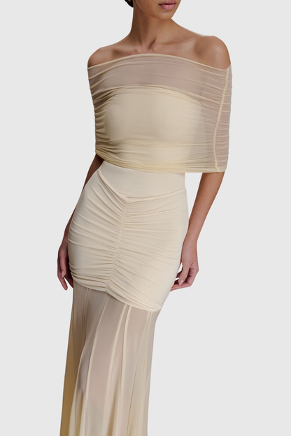 Loxley Off Shoulder Mesh Ruched Maxi Dress - Beige