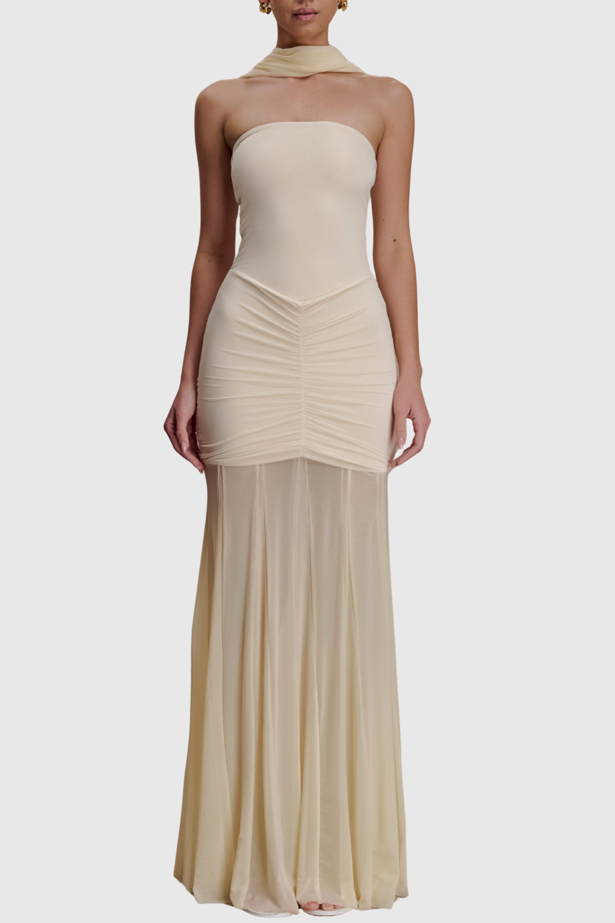 Loxley Off Shoulder Mesh Ruched Maxi Dress - Beige