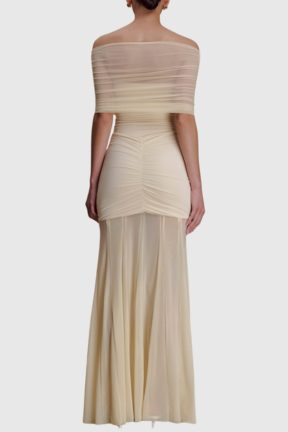 Loxley Off Shoulder Mesh Ruched Maxi Dress - Beige