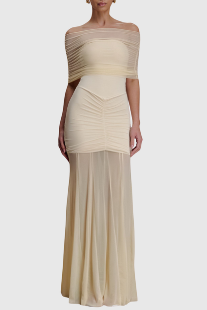 Loxley Off Shoulder Mesh Ruched Maxi Dress - Beige