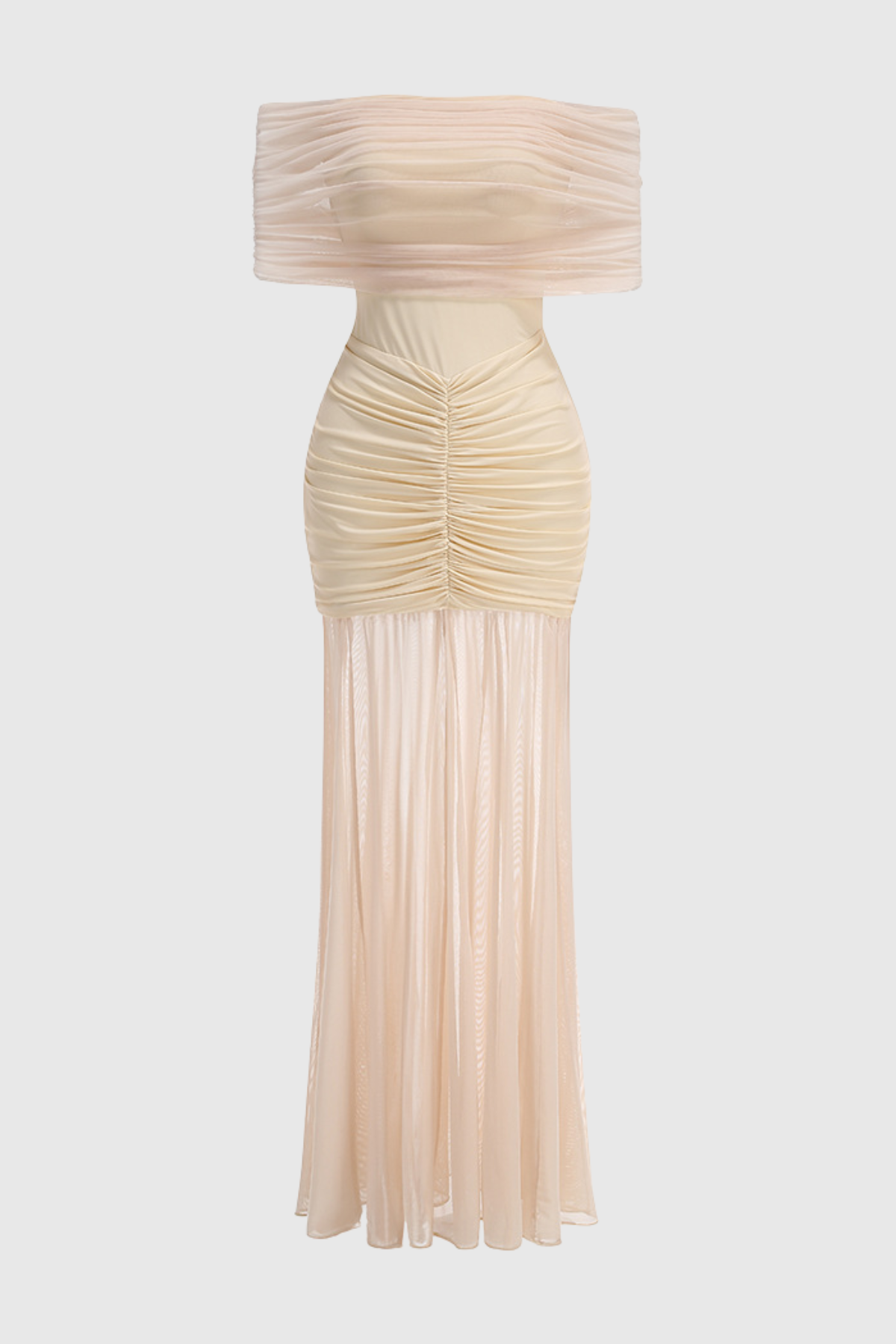 Loxley Off Shoulder Mesh Ruched Maxi Dress - Beige