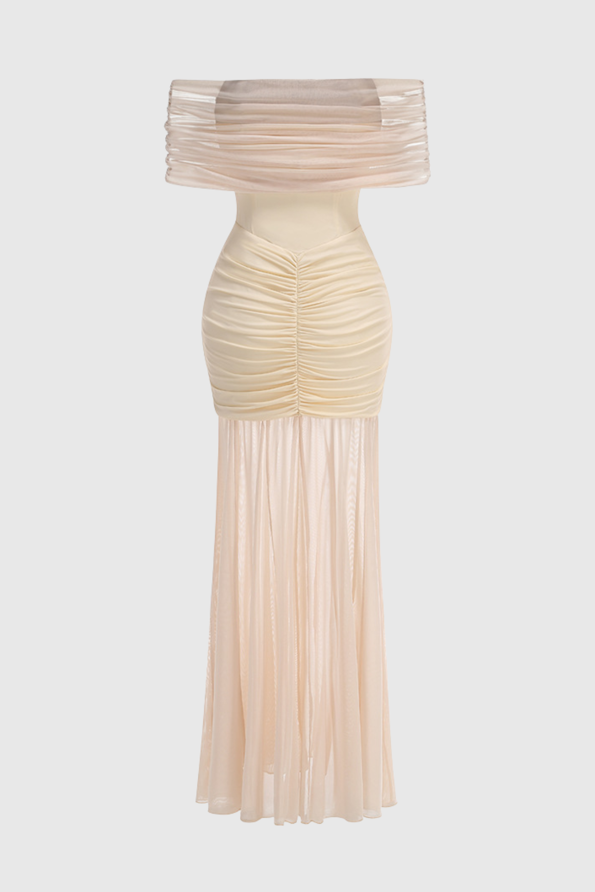 Loxley Off Shoulder Mesh Ruched Maxi Dress - Beige