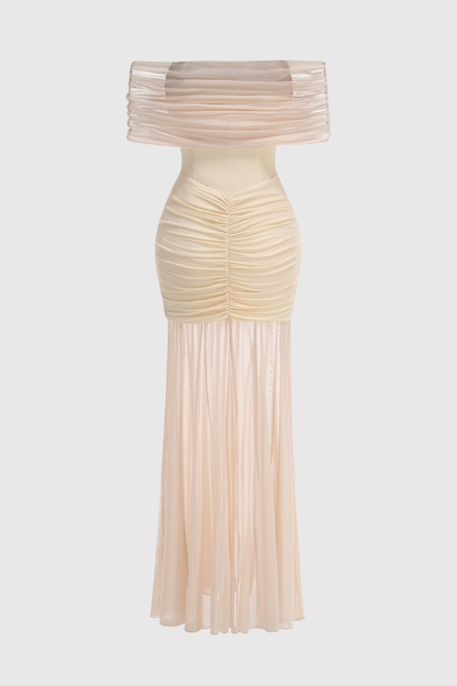 Loxley Off Shoulder Mesh Ruched Maxi Dress - Beige