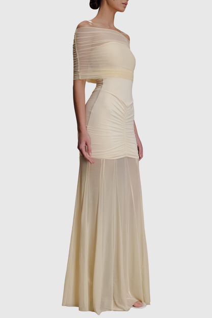Loxley Off Shoulder Mesh Ruched Maxi Dress - Beige