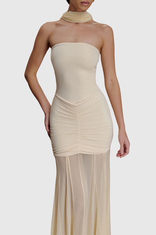 Loxley Off Shoulder Mesh Ruched Maxi Dress - Beige