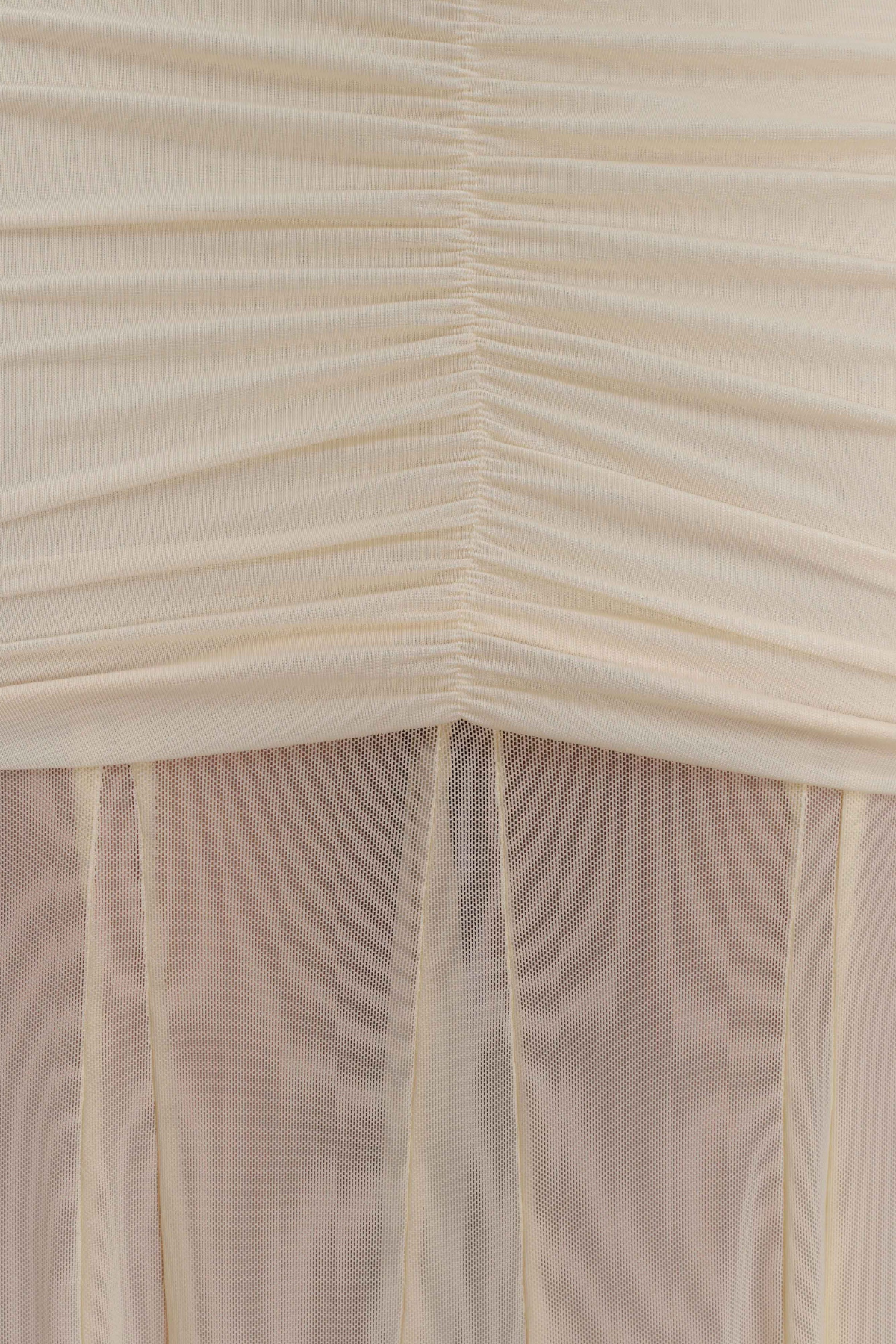 Loxley Off Shoulder Mesh Ruched Maxi Dress - Beige