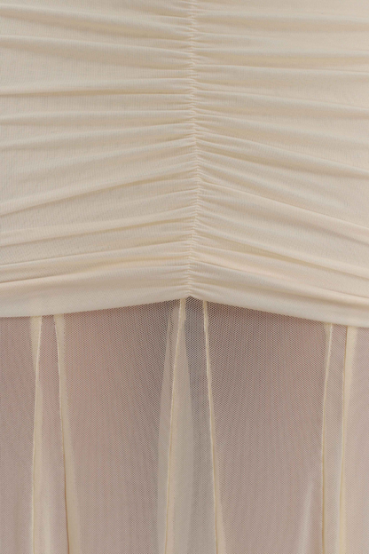 Loxley Off Shoulder Mesh Ruched Maxi Dress - Beige
