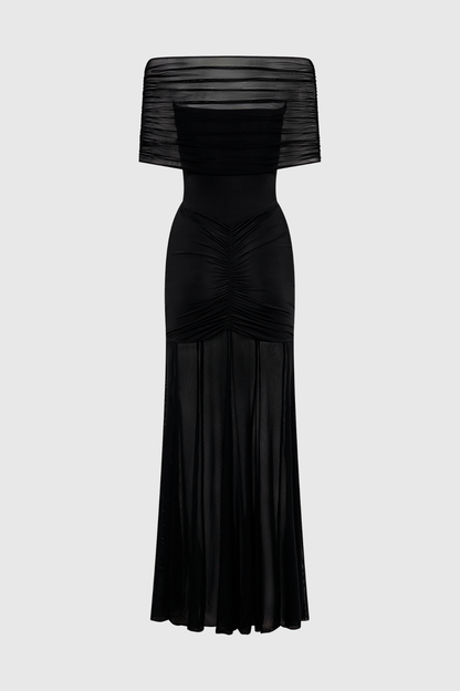 Loxley Off Shoulder Mesh Ruched Maxi Dress - Black