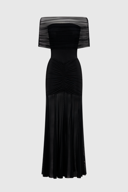 Loxley Off Shoulder Mesh Ruched Maxi Dress - Black