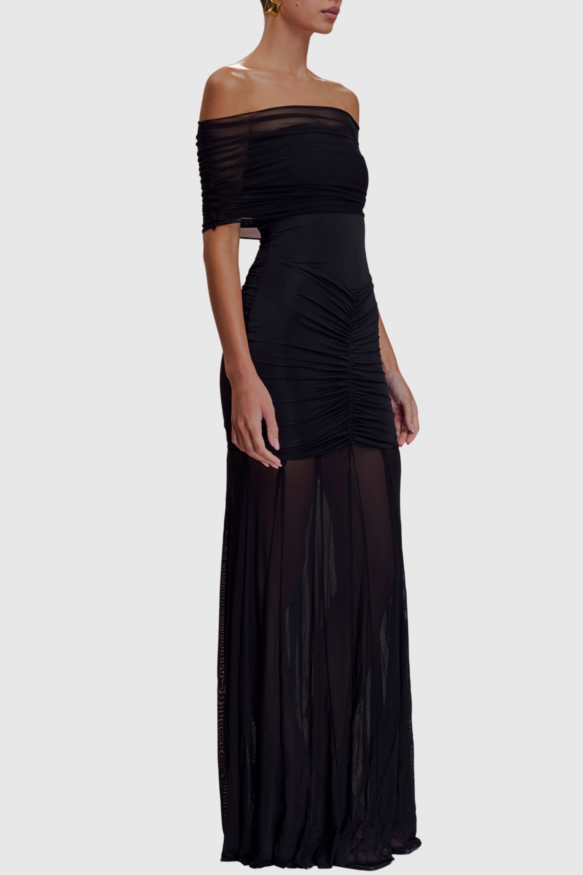 Loxley Off Shoulder Mesh Ruched Maxi Dress - Black
