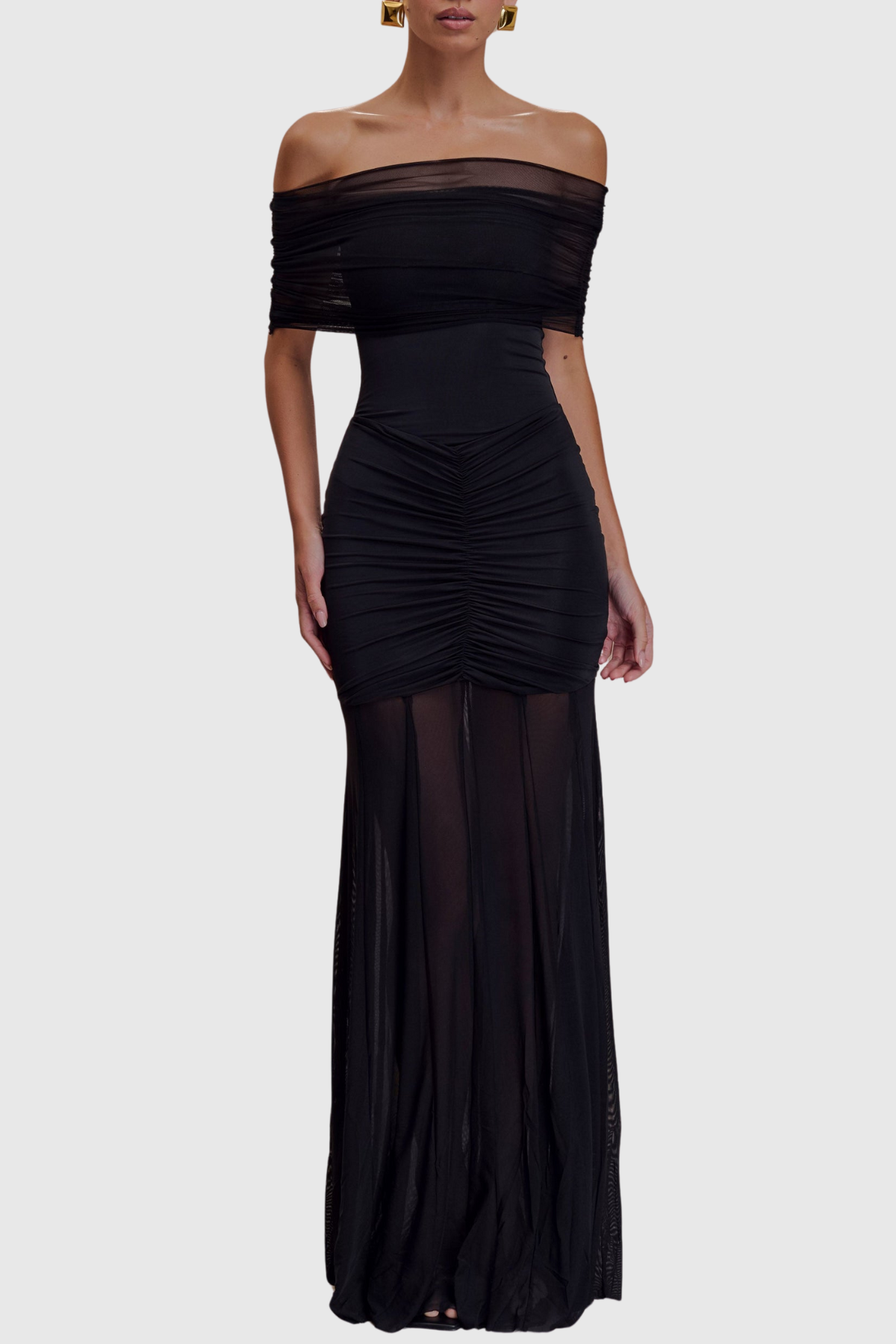 Loxley Off Shoulder Mesh Ruched Maxi Dress - Black