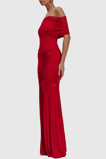 Loxley Off Shoulder Mesh Ruched Maxi Dress - Red