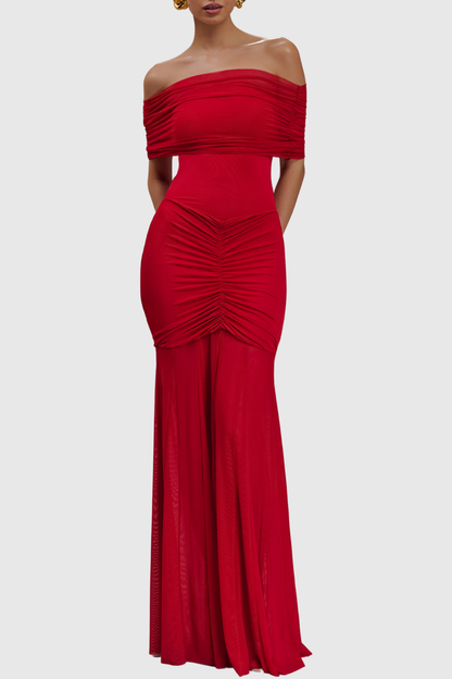 Loxley Off Shoulder Mesh Ruched Maxi Dress - Red