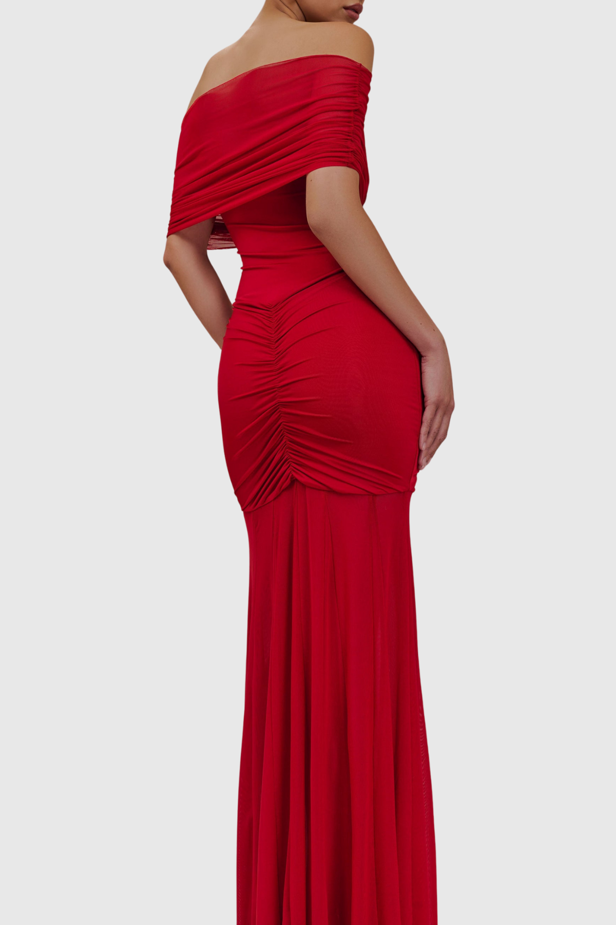 Loxley Off Shoulder Mesh Ruched Maxi Dress - Red