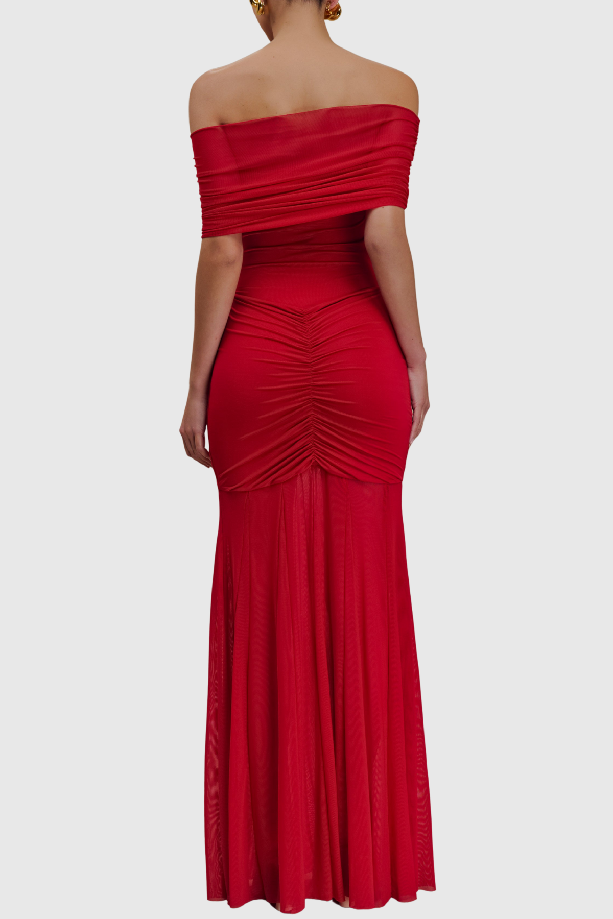 Loxley Off Shoulder Mesh Ruched Maxi Dress - Red