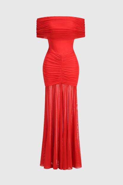 Loxley Off Shoulder Mesh Ruched Maxi Dress - Red