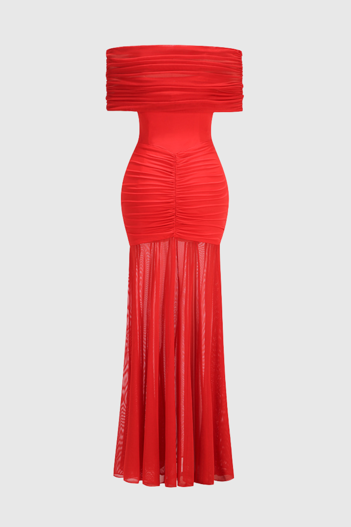 Loxley Off Shoulder Mesh Ruched Maxi Dress - Red