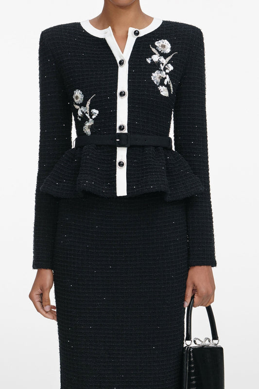 Luaia Floral Sequin Embellished Knit Top - Black