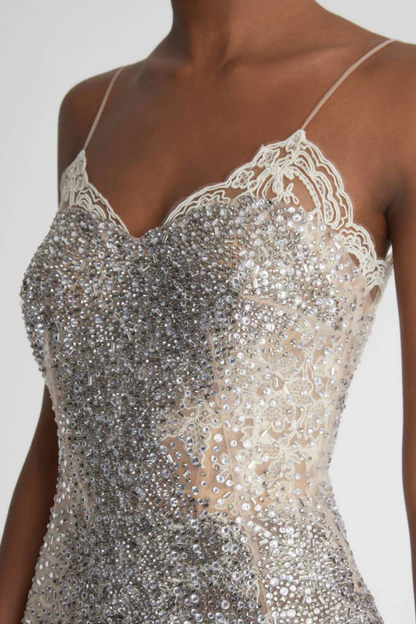 Lucie Crystal Embellished Midi Dress - Beige
