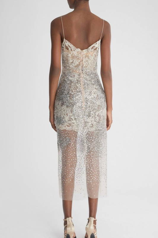 Lucie Crystal Embellished Midi Dress - Beige