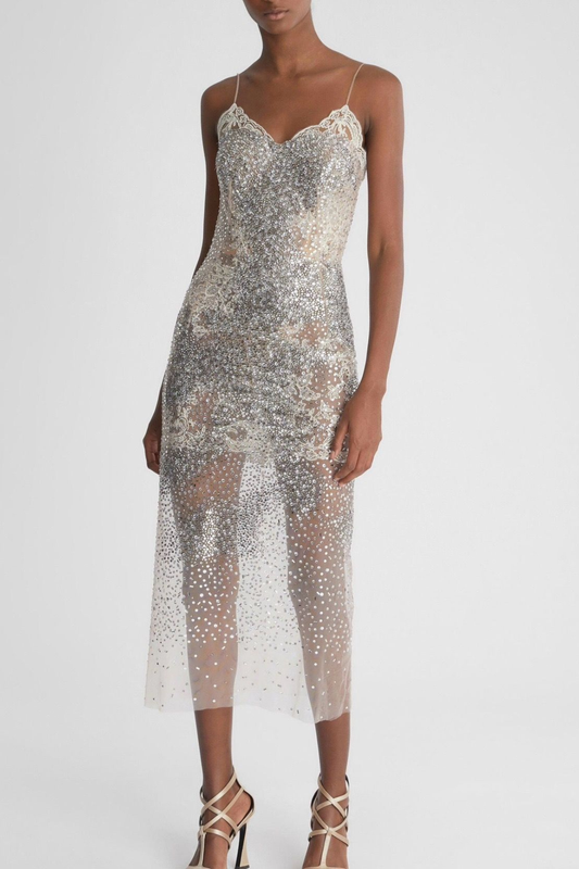 Lucie Crystal Embellished Midi Dress - Beige