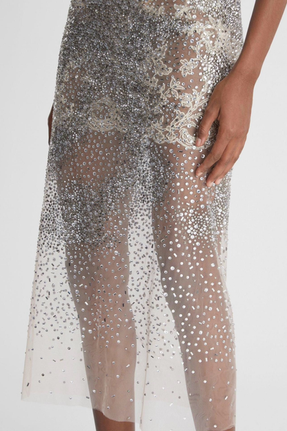 Lucie Crystal Embellished Midi Dress - Beige