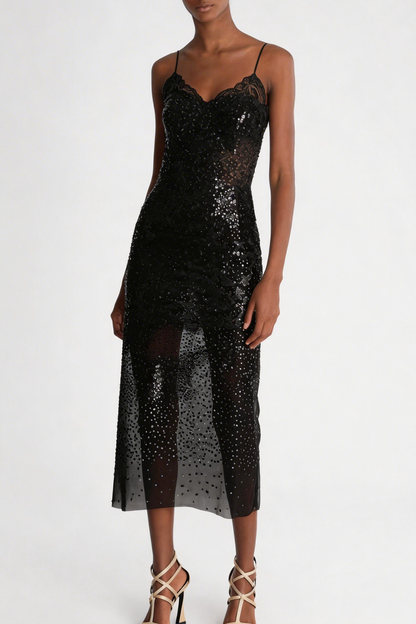 Lucie Crystal Embellished Midi Dress - Black