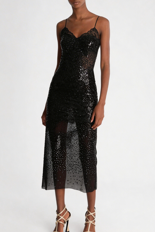Lucie Crystal Embellished Midi Dress - Black