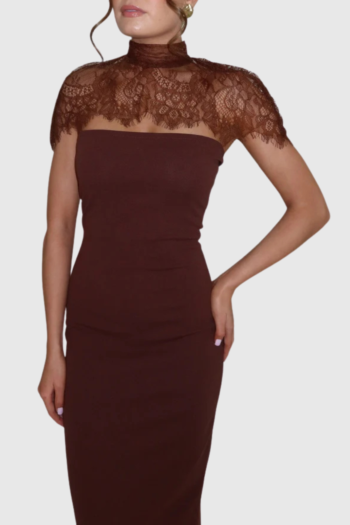 Lurysa Lace Cape Maxi Dress - Brown