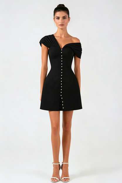 Luzasa Off Shoulder Buttoned Mini Dress - Black