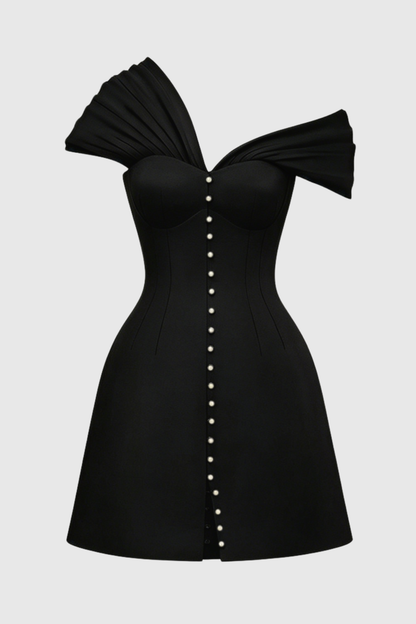 Luzasa Off Shoulder Buttoned Mini Dress - Black
