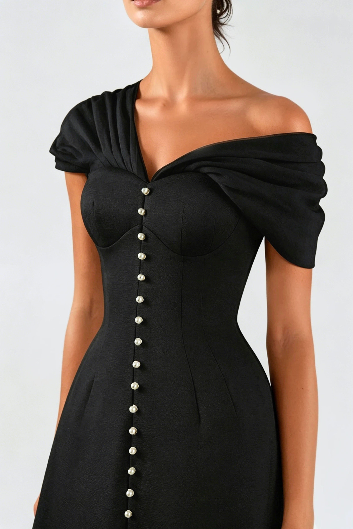 Luzasa Off Shoulder Buttoned Mini Dress - Black