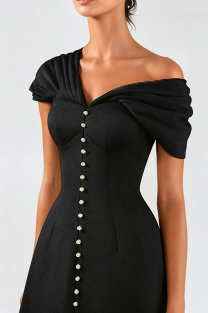 Luzasa Off Shoulder Buttoned Mini Dress - Black
