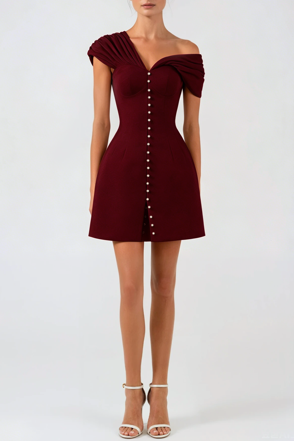 Luzasa Off Shoulder Buttoned Mini Dress - Wine