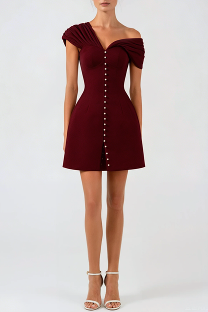 Luzasa Off Shoulder Buttoned Mini Dress - Wine