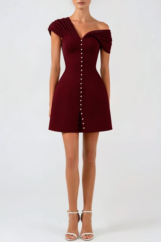 Luzasa Off Shoulder Buttoned Mini Dress - Wine
